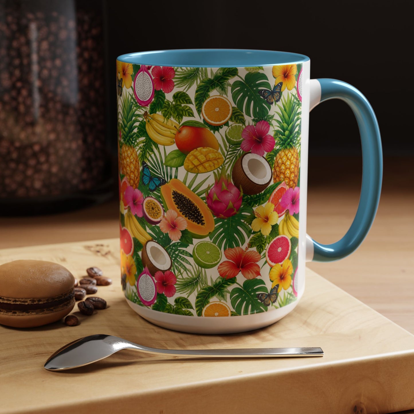 Tropical Fruit Coffee Mug — Colorful Pineapple & Hibiscus Accent Ceramic Mug (11/15oz)