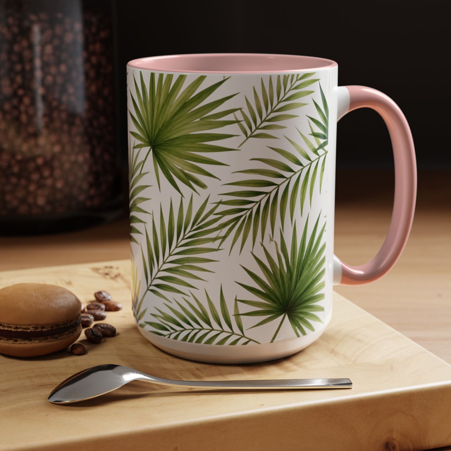 Tropical Palm Accent Coffee Mug – Green Leaf Pattern, 11/15oz