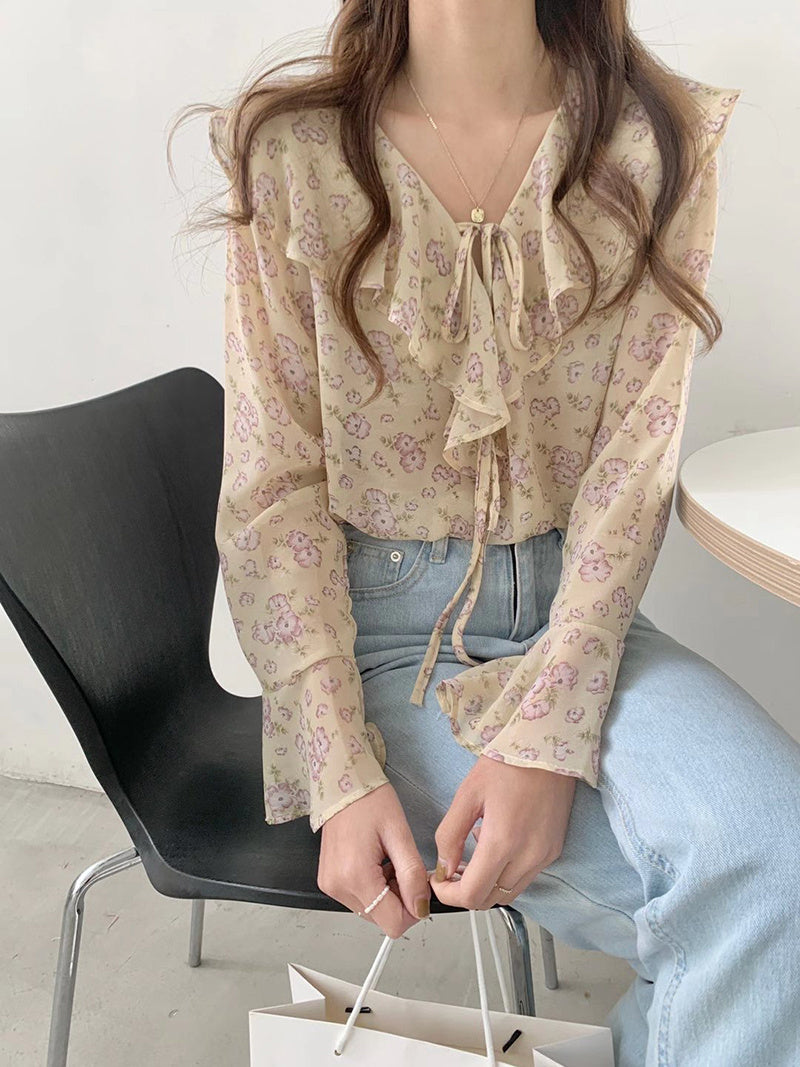 Ruffled Green Loose Lace-up Top For Women
