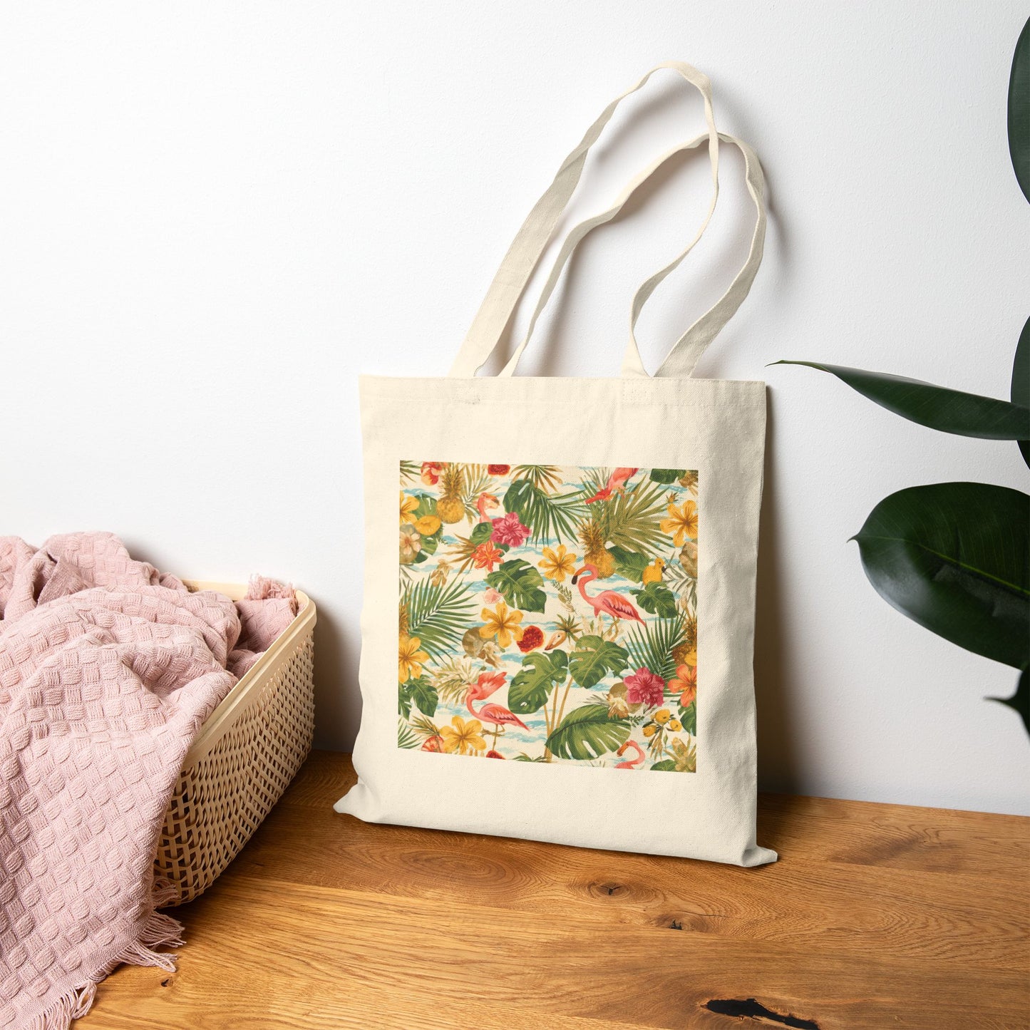Tropical Flamingo Canvas Tote, Floral Beach Market Bag