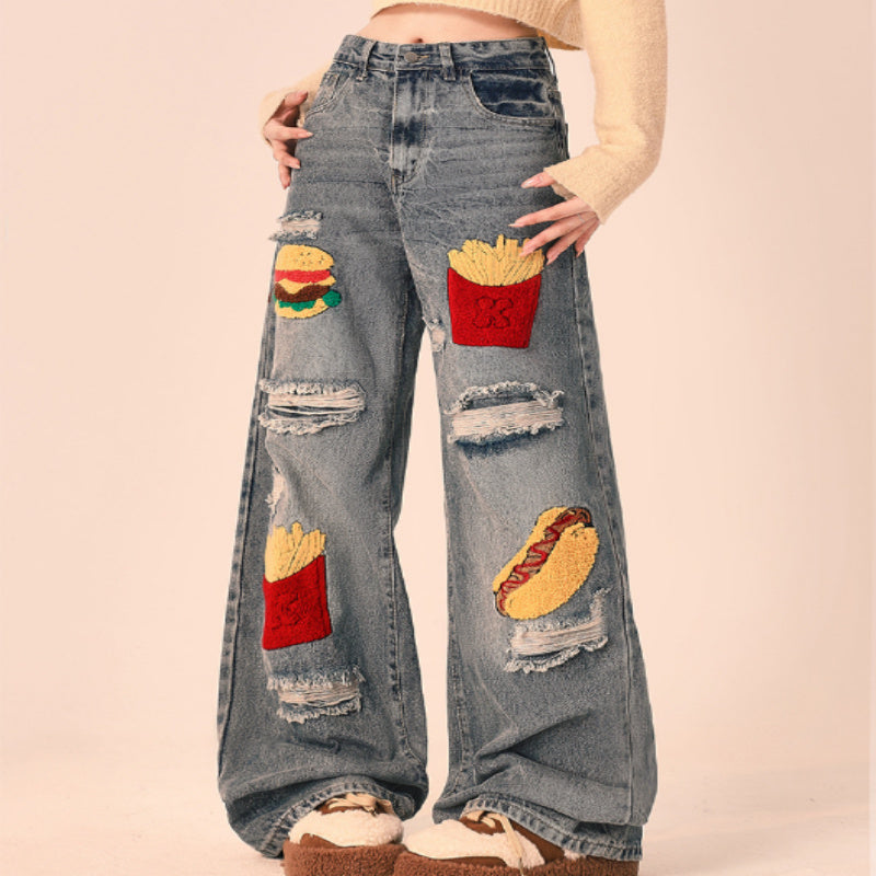Women's Ripped Loose Fit Wide-Leg Jeans – Streetwear Oversized Denim Trousers