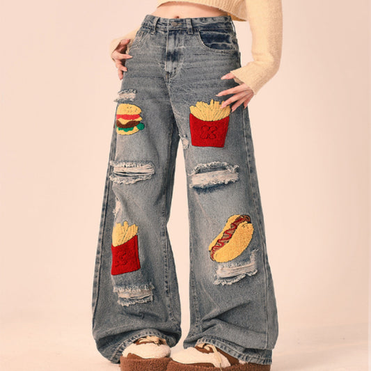 Women's Ripped Loose Fit Wide-Leg Jeans – Streetwear Oversized Denim Trousers