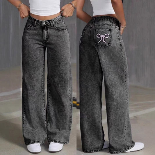 Women’s High-Waist Embroidered Jeans – Straight Fit, Casual Vintage Look