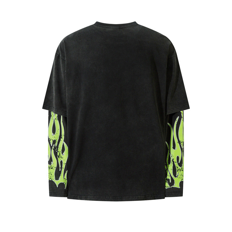 Flame Letter Print Two-in-One Retro Distressed Long Sleeve Top