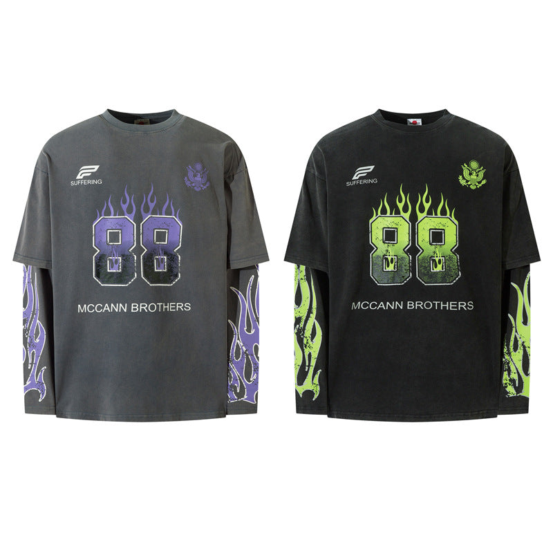 Flame Letter Print Two-in-One Retro Distressed Long Sleeve Top