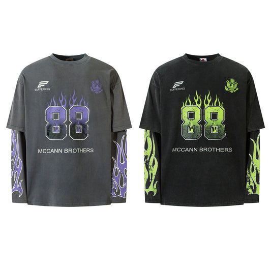 Flame Letter Print Two-in-One Retro Distressed Long Sleeve Top