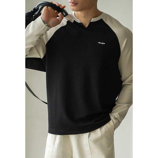 Men’s Contrast V-Collar Drop Shoulder Loose-Fit Shirt