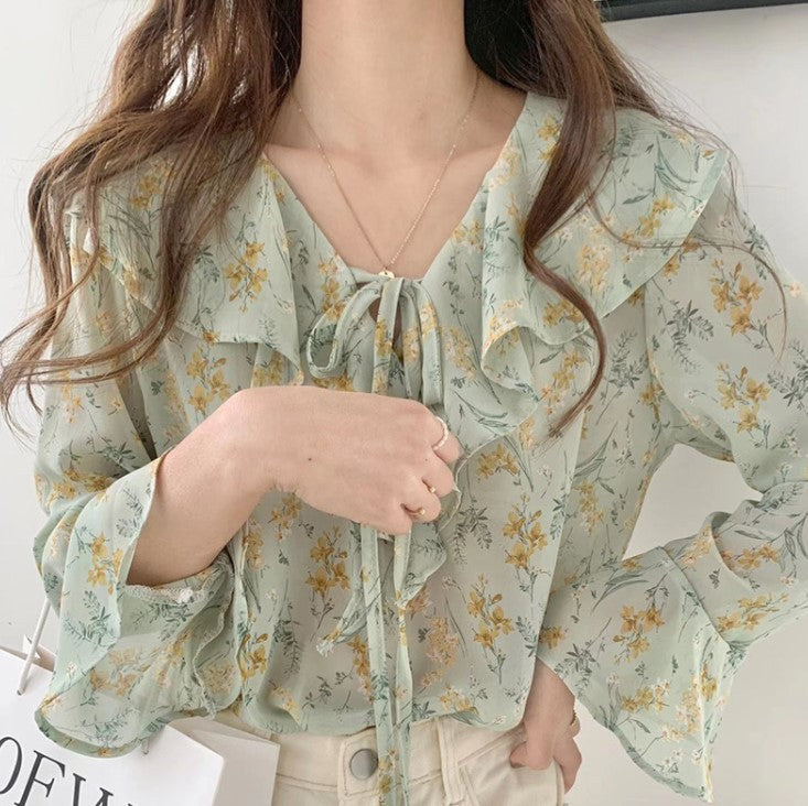 Ruffled Green Loose Lace-up Top For Women