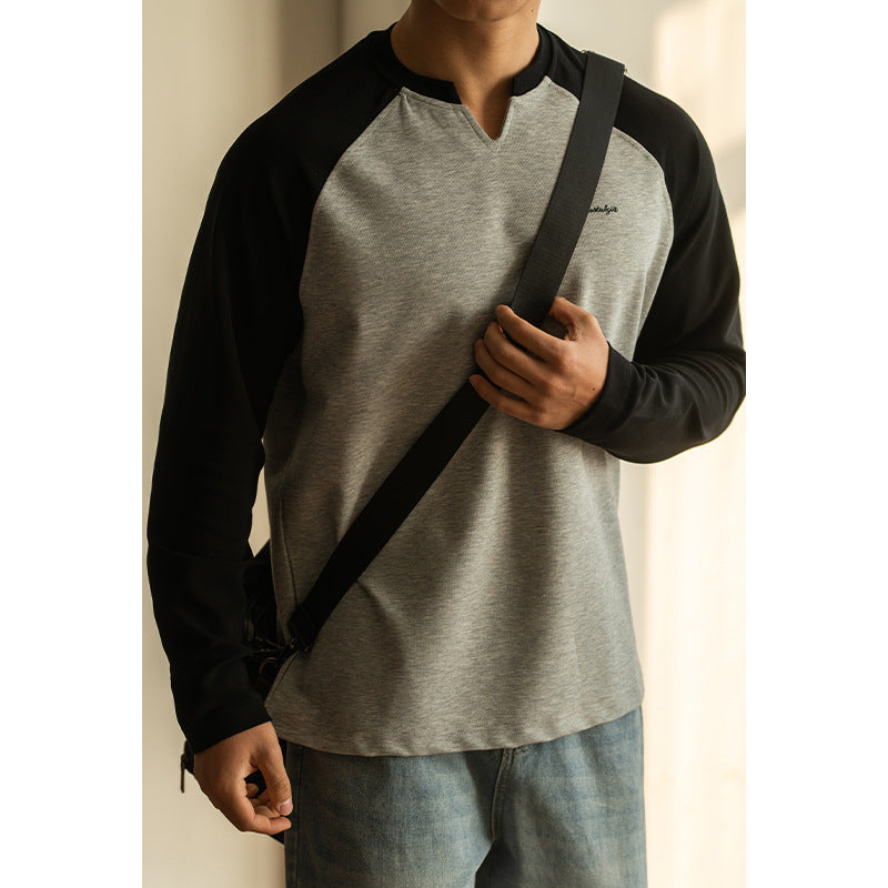 Men’s Contrast V-Collar Drop Shoulder Loose-Fit Shirt