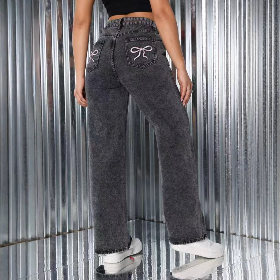 Women’s High-Waist Embroidered Jeans – Straight Fit, Casual Vintage Look