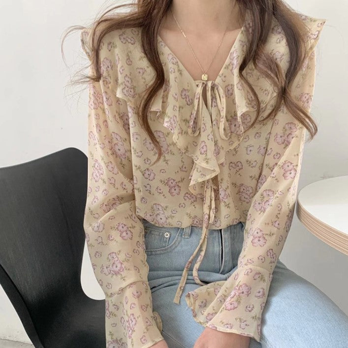 Ruffled Green Loose Lace-up Top For Women