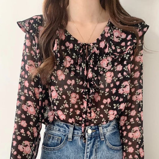 Ruffled Green Loose Lace-up Top For Women