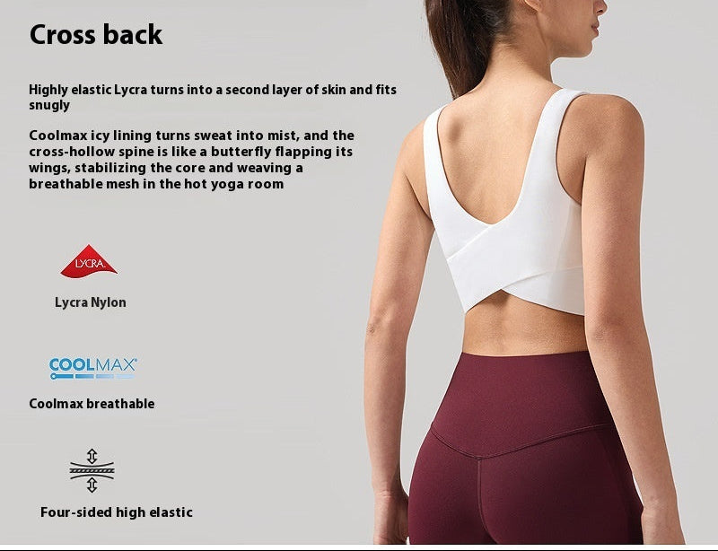 Woman wearing a white sports bra and maroon leggings with text on 'No gap fitting' and product features.