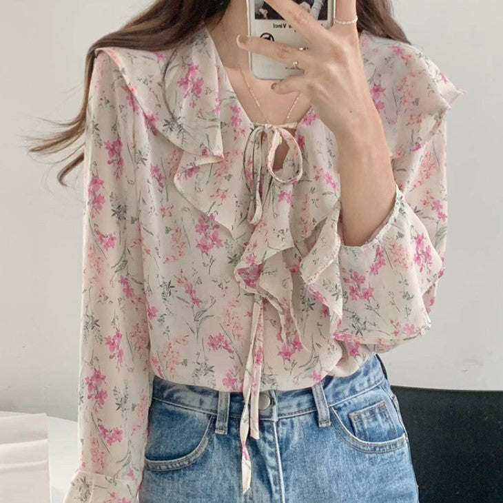 Ruffled Green Loose Lace-up Top For Women