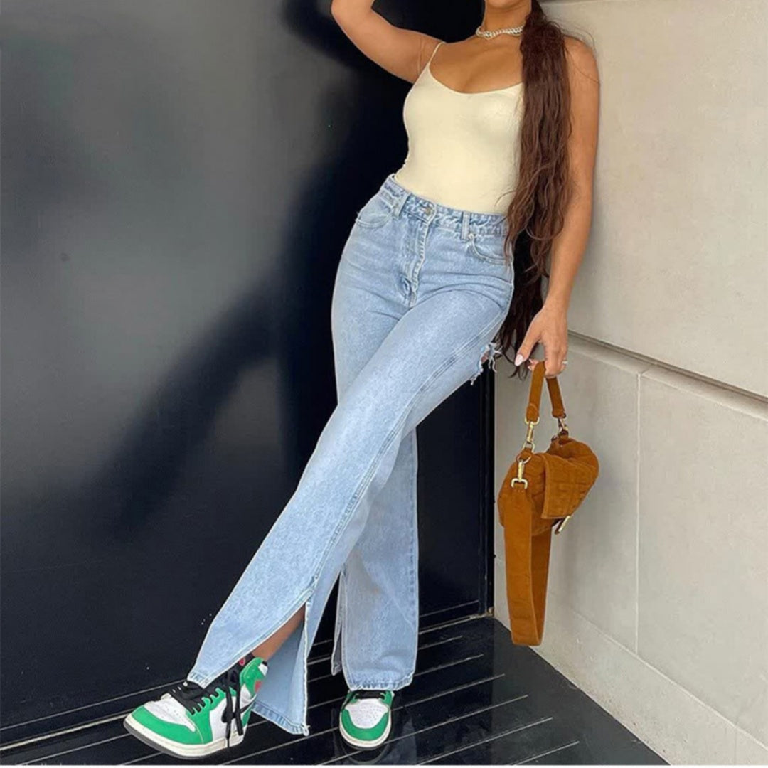High Waist Stretch Ripped Hem Slit Denim Trousers for Women
