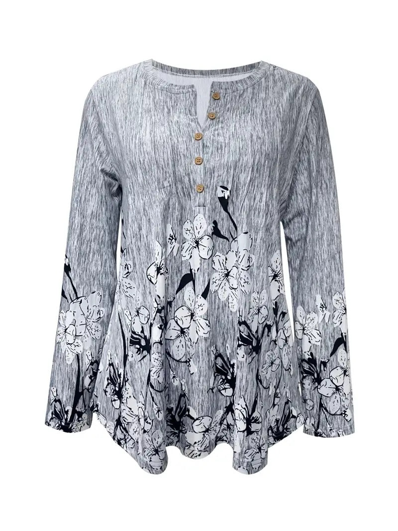 Women’s Casual Print Button Long Sleeve Blouse – Spring & Autumn Crew Neck