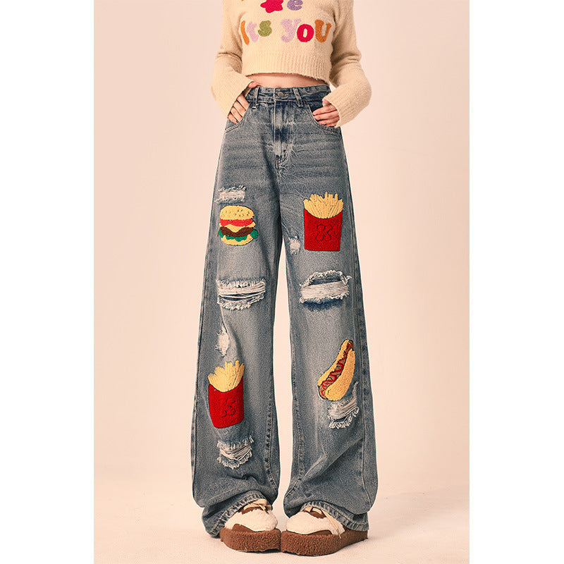 Women's Ripped Loose Fit Wide-Leg Jeans – Streetwear Oversized Denim Trousers