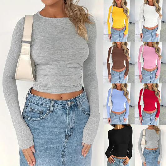 Solid Color Slim Fit Long-Sleeve Tee – Women's Essential Round Neck