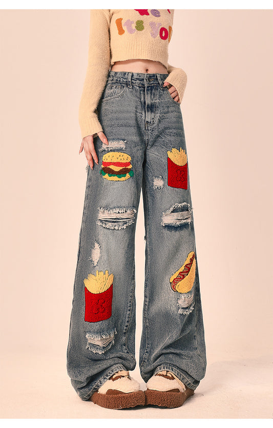 Women's Ripped Loose Fit Wide-Leg Jeans – Streetwear Oversized Denim Trousers