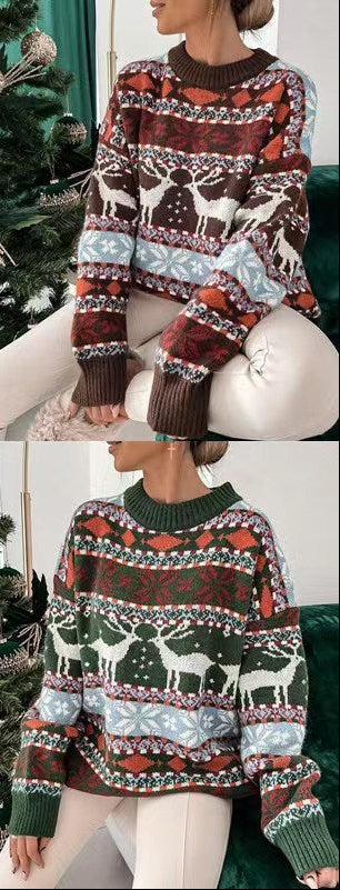 Women's Fashion Round Neck Loose Christmas Theme Jacquard Long Sleeve Sweater