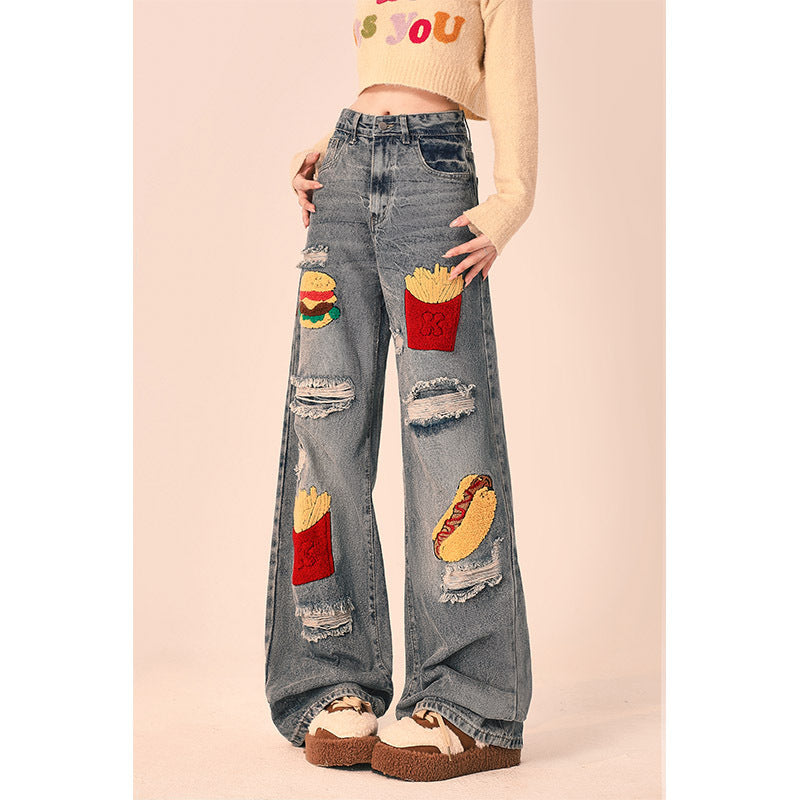 Women's Ripped Loose Fit Wide-Leg Jeans – Streetwear Oversized Denim Trousers