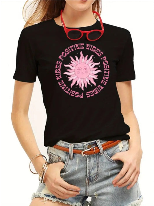 Girls’ Casual Sports T-Shirt – Sun Illustration Graphic | Summer Knit Crew Neck Tee