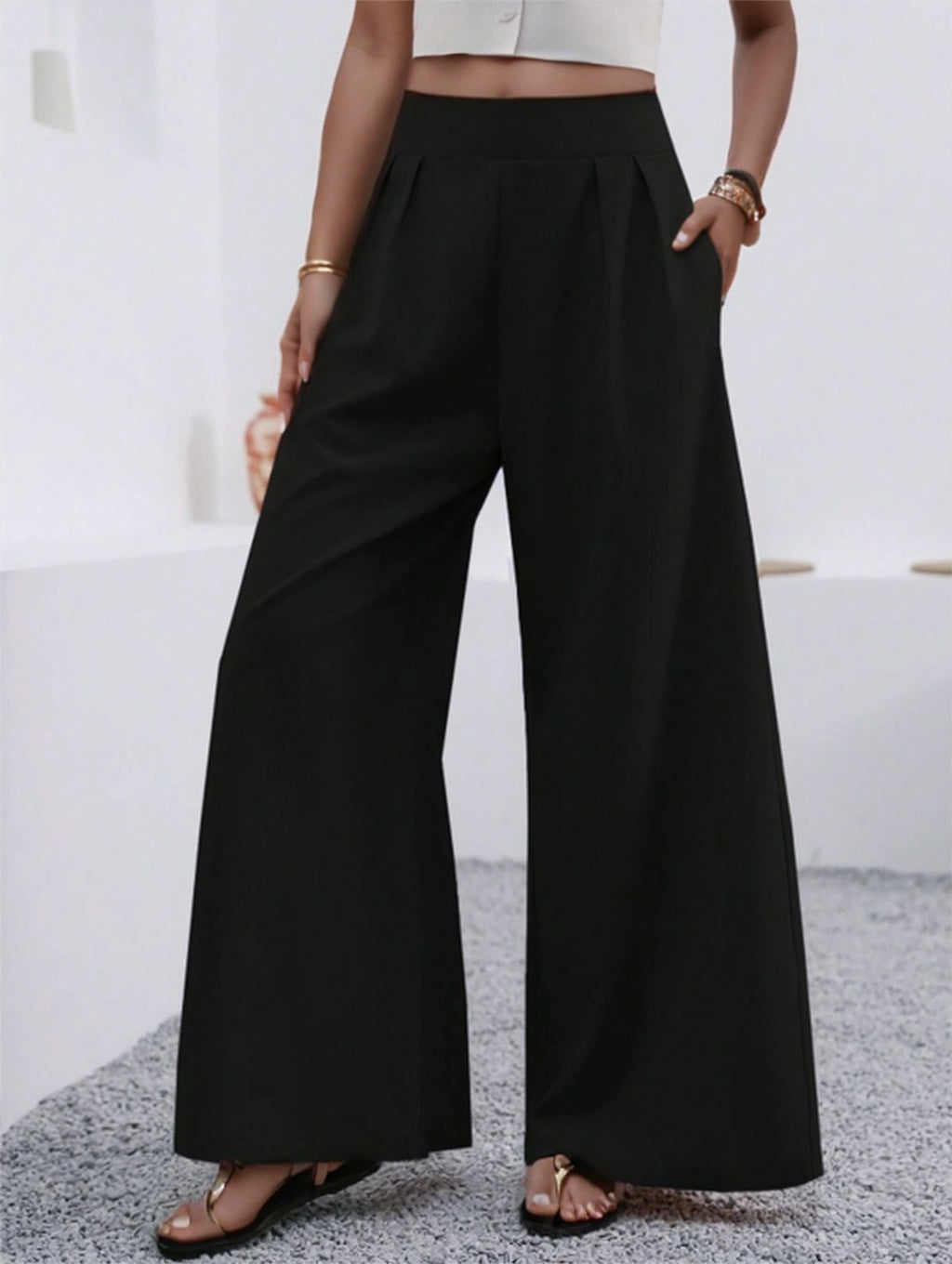 Women's Wide-Leg Pocket Pants – Solid Color, Loose Fit, Elegant Style