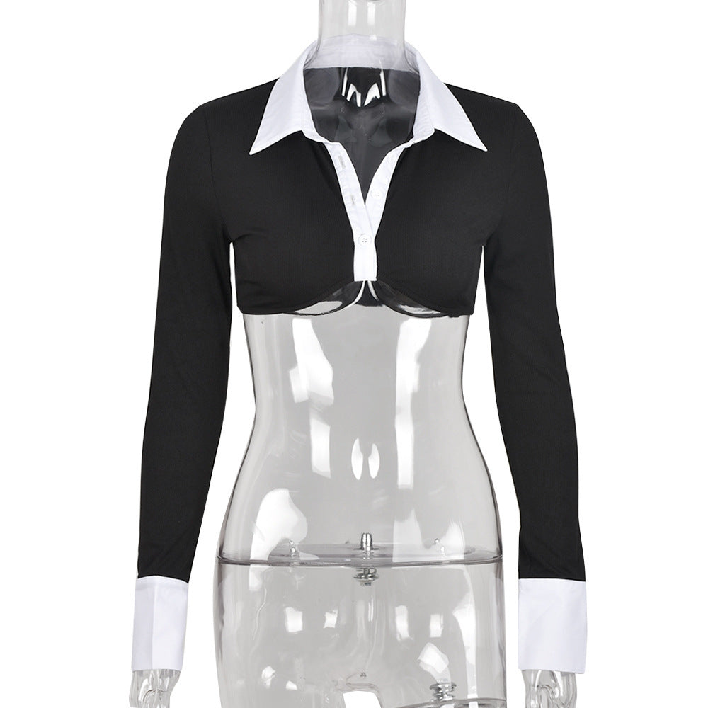 Women's Contrast Collar Long Sleeve Shirt – Chic Everyday Style