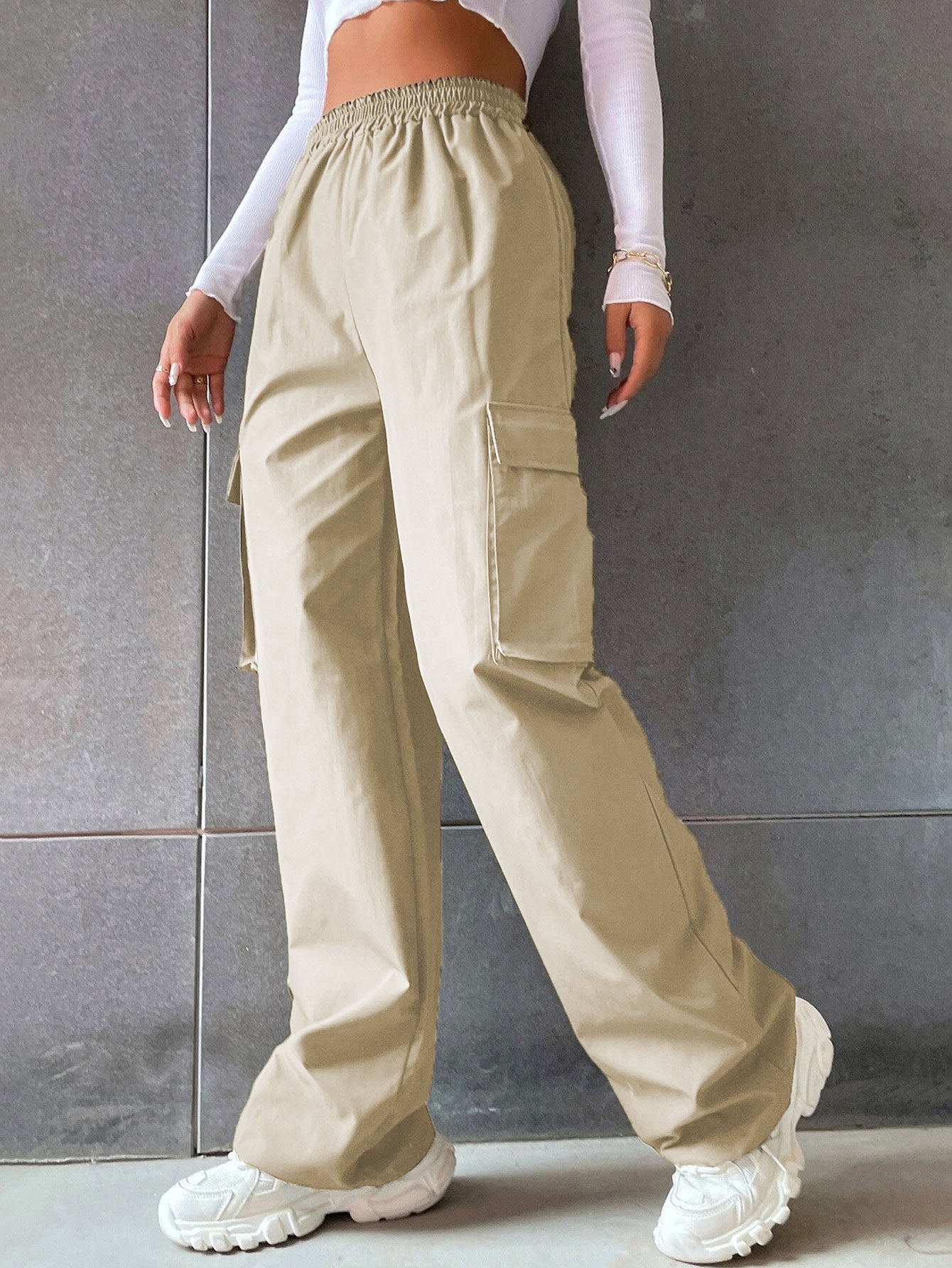 Women's High-Waist Utility Pocket Workwear Pants – Solid Color
