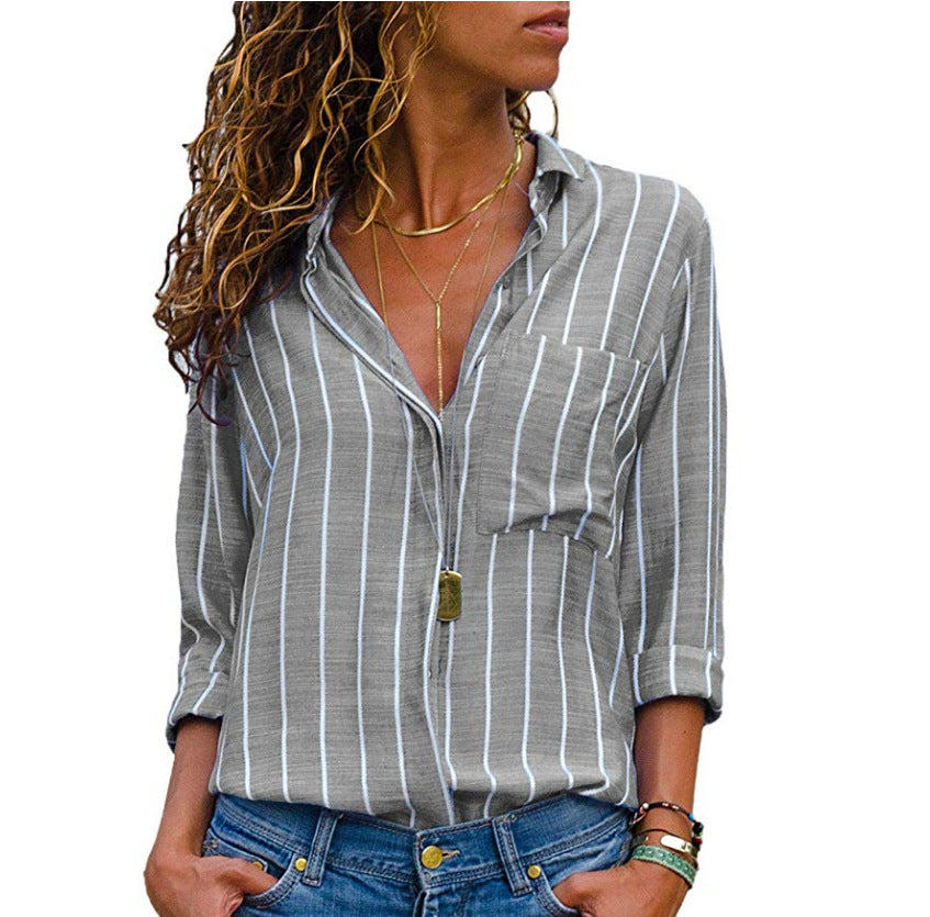Women's Fashion Long-Sleeve Shirt – Multicolor Striped Casual Blouse
