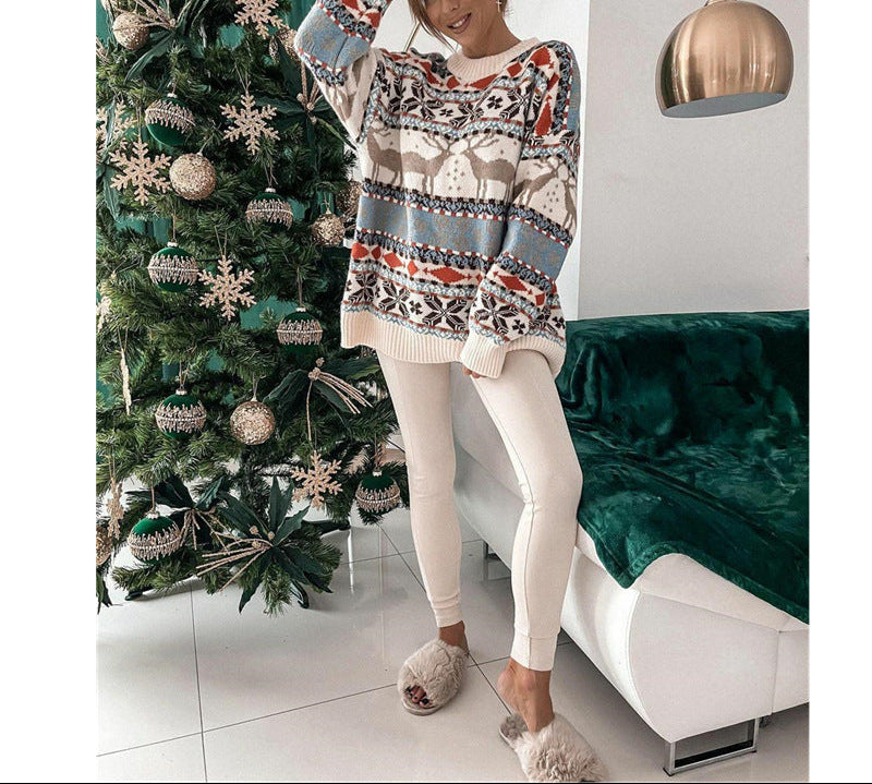 Women's Fashion Round Neck Loose Christmas Theme Jacquard Long Sleeve Sweater