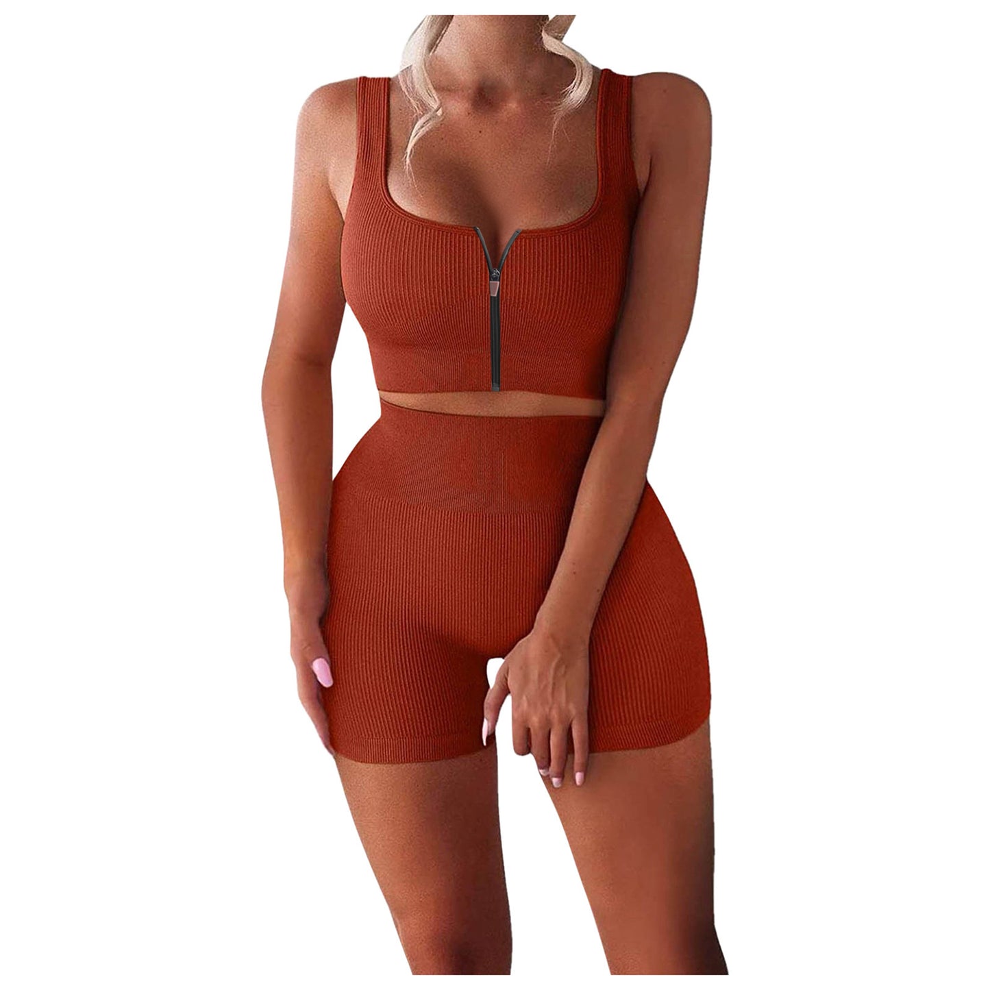 Women’s Ribbed Zipper Yoga Set – 2-Piece Tank & High Waist Shorts