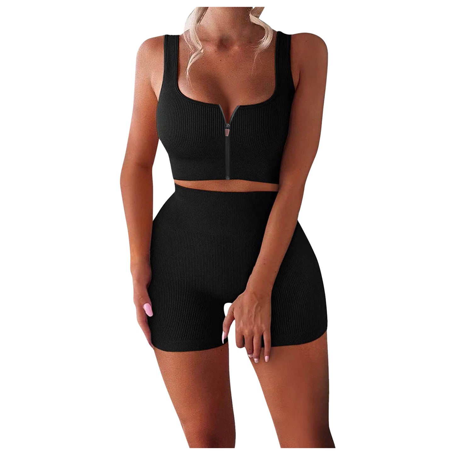 Women’s Ribbed Zipper Yoga Set – 2-Piece Tank & High Waist Shorts