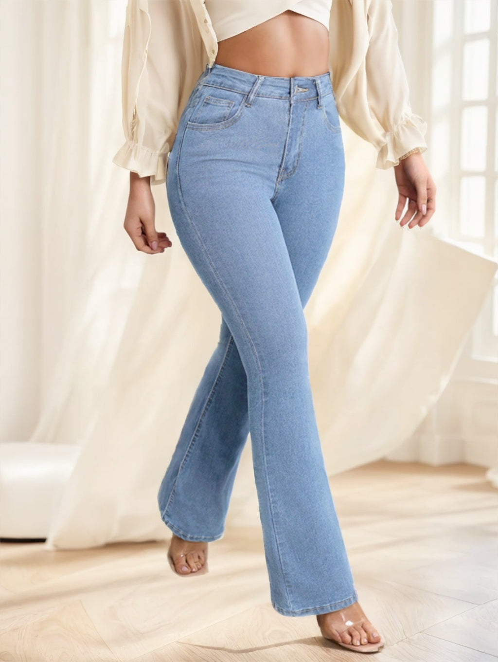 Women's Button Front Casual Denim Pants with Pockets