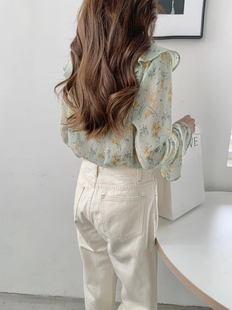 Ruffled Green Loose Lace-up Top For Women