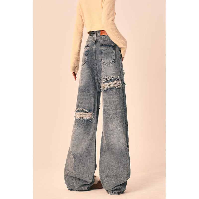 Women's Ripped Loose Fit Wide-Leg Jeans – Streetwear Oversized Denim Trousers