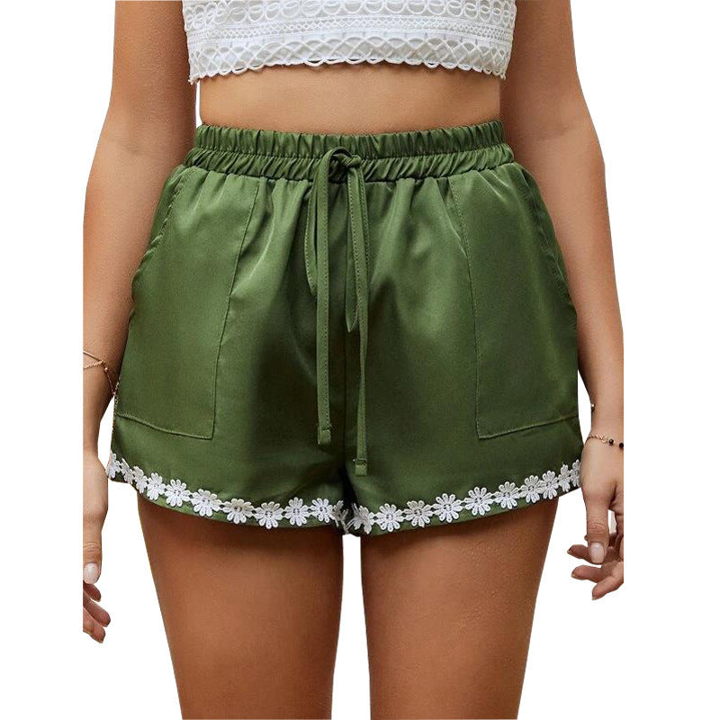 Women’s Lace Trim Loose Hot Pants – Elastic Waist & Tie Closure