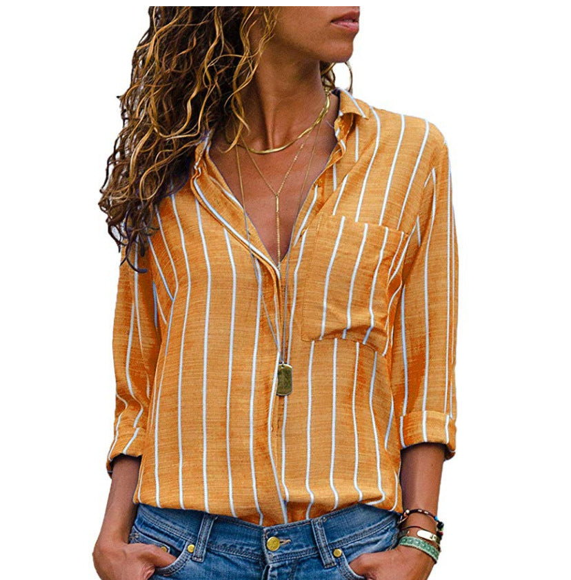 Women's Fashion Long-Sleeve Shirt – Multicolor Striped Casual Blouse