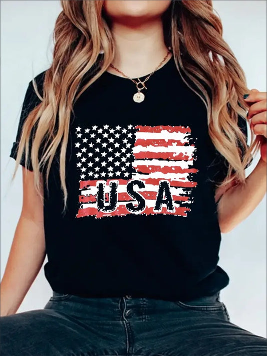 USA Flag Graphic Tee – Women’s Casual Crew Neck Summer Top