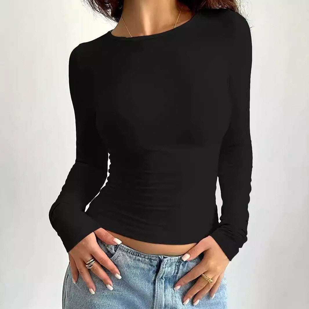 Solid Color Slim Fit Long-Sleeve Tee – Women's Essential Round Neck
