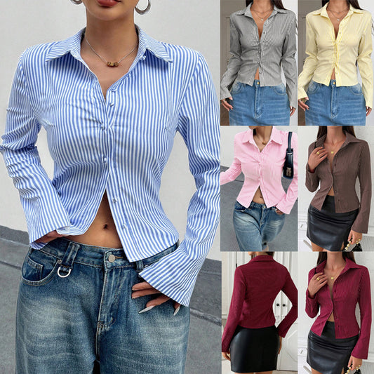 Women's Striped V-Neck Long Sleeve Shirt – Casual Everyday Top